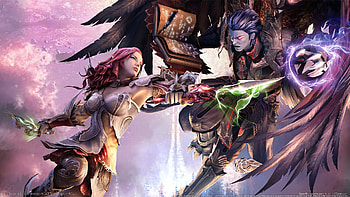 The Tower of Eternity, games, asmodias, purple hair, red eyes, fight, long hair, talons, cg, game, duo, wings, armour, aion the tower of eternity, pink hair, weapons, aion, book, action, claws, anime, video game, battle, clouds, video games, daggers, realistic, green eyes HD wallpaper