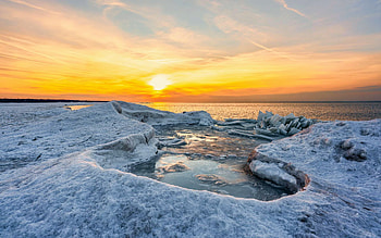 Headlands Beach State Park, Ohio, coast, usa, sea, snow, colors, sky, sun HD wallpaper
