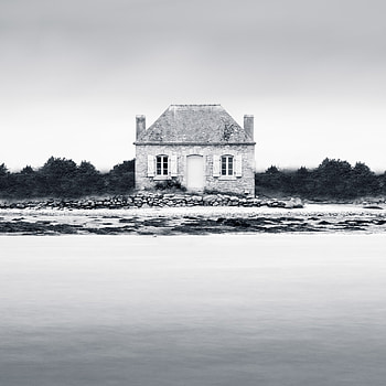 Nature, Shore, Bank, Fog, House, France, Bw, Chb, Monochrome HD phone wallpaper