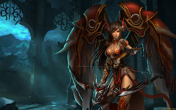 Dragon Archeress, night, brown eyes, wings, armour, lone, weapon, brown hair, arrow, bow, female HD wallpaper