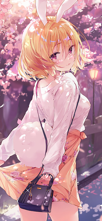 spring, skirt, purple eyes, animal ears, Anime, girl, anime girl HD phone wallpaper