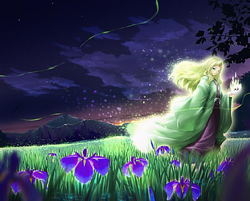 Hotaru, night, japanese, kimono, magic, japan, long hair, scenery, orginal, fantasy HD wallpaper