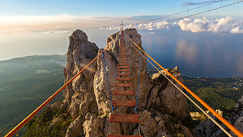 mountain bridge, city, rope, clouds, ladder, rocks HD wallpaper