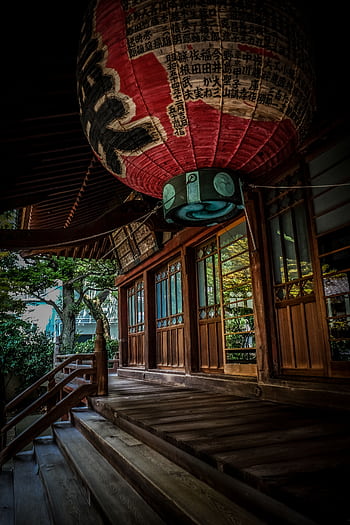 Wooden steps leading to a Japanese temple adorned with a paper lantern. HD phone wallpaper