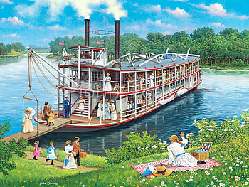 Steamboat Picnic, people, river, Shop, ship, painting, Boot, trees HD wallpaper