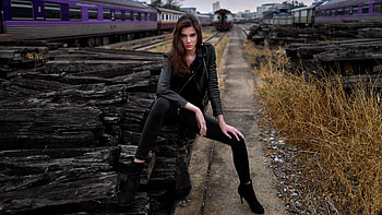 Leather Jacket Black Clothing Brunette, brunette, girls, model HD wallpaper