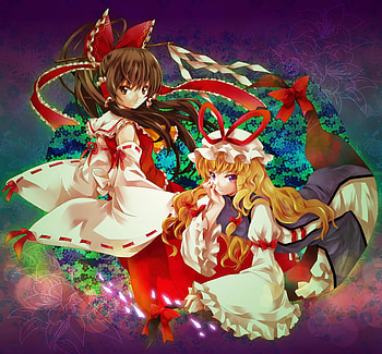 Reimu & Marisa, sexy, ribbon, hakurei reimu, hot, cute, long hair, dress, anime girl, anime, marisa, touhou, brown hair, girls, blonde hair, reimu, female HD wallpaper