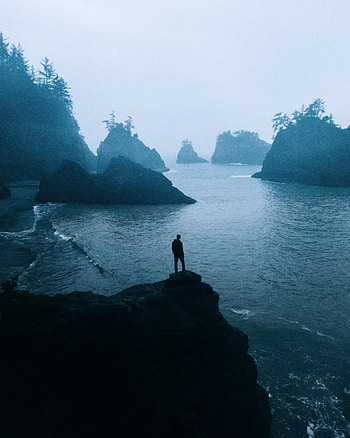 Alone, Sea, Rocks, Miscellanea, Miscellaneous, Fog, Human, Person, Loneliness, Lonely HD phone wallpaper