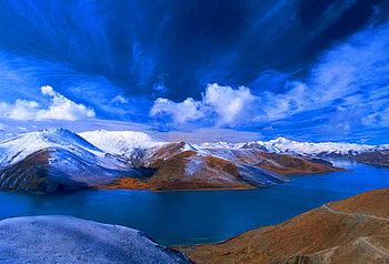 Peaks, river, snow, clouds, sky, mountain HD wallpaper