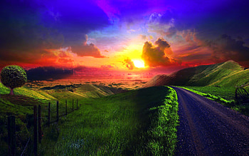 Towards You, rays, horizon, blue, sunlight, wonderful, brown, fantastic, fence, road, dreamy, mountains, sun, hill, sunset, hills, dream land, grass, sunlights, orange, tree, dreamy world, clorful, life, fantasy, pretty, green, red, clouds, nature, sky, mounts, lovely HD wallpaper