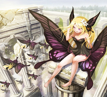 Black Fairies, black, blonde, cute, long hair, dress, beauty, butterfly, wings, sweet, white, column, beautiful, purple, anime, pretty, light, girls, flowers, fairies HD wallpaper