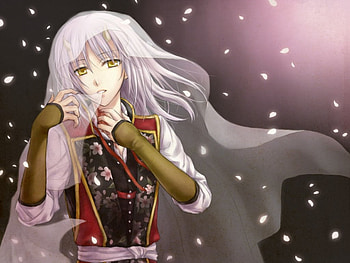 Yukimura Chizuru, silver hair, glow, Chizuru, cute, long hair, beauty, nice, lady, Hakuouki Shinsengumi Kitan, petals, maiden, horn, sparks, female, sexy, sweet, Yukimura, hot, girl, beautiful, demon, anime girl, anime, pretty, light, white hair, lovely HD wallpaper