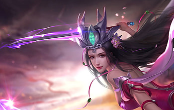 Fantasy girl, blue, frumusete, sword, girl, lv yihua, pink, fantasy, game, luminos HD wallpaper