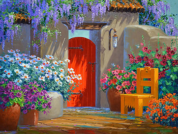 Colorful Captivation, house, artwork, backyard, chair, painting, door, flowers HD wallpaper