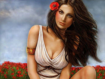Stunning Beauty, sexy, brunette, gorgeous, beautiful, beauty, artwork, poppy, field, face, stunning HD wallpaper