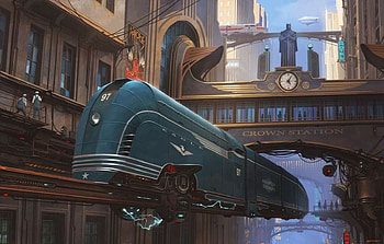 The Eagle has Arrived at Crown Station, fantasy, crown, digital, electric, station, train, art deco HD wallpaper
