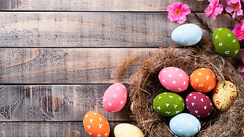 Colorful Design Paint Art Easter Eggs Basket Pink Flowers Happy Easter HD wallpaper