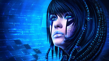 Fantasy girl, blue, cyborg, pink, fantasy, magicnaanavi, face, luminos HD wallpaper