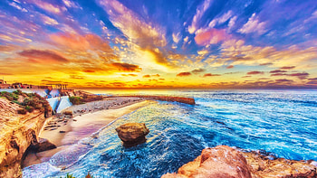San Diego, Children's Pool Beach, California, sunset, sea, colors, clouds, sky, usa, stones HD wallpaper