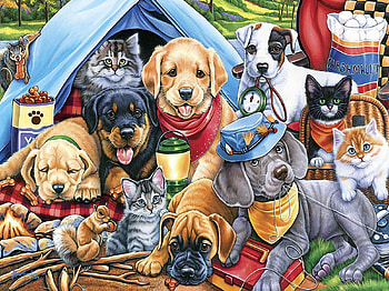 Camping Buddies, painting, dogs, watercolor, cats, puppies, tent, cubs, squirrel HD wallpaper