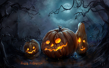Halloween Pumpkins With Fog And Moon, Fog, Ground, Full Moon, Orange, Pumpkins, Trees, Light, Yellow, Sky, Clouds HD wallpaper