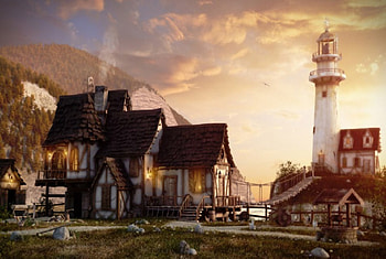 Lighthouse, well, home, mountain HD wallpaper