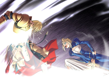Saber vs Gilgamesh, excalibur, archer, knight, fate stay night, golden knight, saber, anime, king, blue knight, gilgamesh, arturia, clothes HD wallpaper