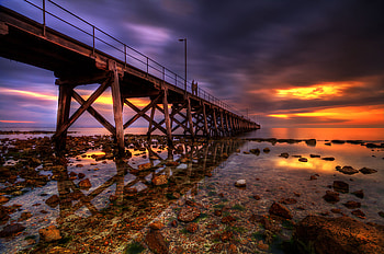 Sunset-R, horizon, great, graphy, colors, beauty, nice, scenery, reflection, amazing, water, ocean, sunset, sea, landscape, r, beautiful, stones, pretty, cool, view, bridge, clouds, nature, sky, romantic, lovely HD wallpaper
