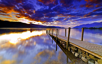 LAKE PIER, rolling hills, timber, wharf, clouds, pier, lake, sunset HD wallpaper