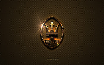 Maserati golden logo, artwork, brown metal background, Maserati emblem, Maserati logo, brands, Maserati HD wallpaper