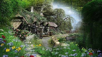 Summer Cottage Collage, garden, collage, lake, cabin, Firefox theme, summer, painting, flowers, cottage, pond HD wallpaper