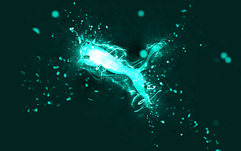 Puma turquoise logo, , turquoise neon lights, creative, turquoise abstract background, Puma logo, brands, Puma HD wallpaper
