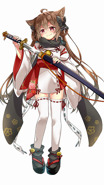 Scarlet-Eyed Nekomimi in Kimono & Thigh-Highs — Katana , red eyes, japanese clothes, katana, thigh highs, nekomimi, Anime, Original HD phone wallpaper