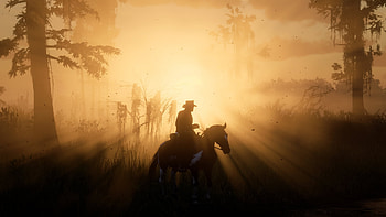 Red Dead Redemption 2 - Swampy afternoons, yellow, cowboy, silhouette, video game, Red Dead Redemption 2 HD wallpaper