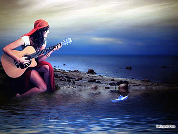 fantasy h18, sea, guitar, girl, evening HD wallpaper