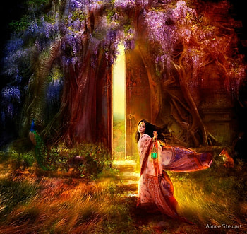 A knock at the door, aimee stewart, bird, pasare, girl, orange, wisteria, fantasy, door, flower, peacock, luminos HD wallpaper