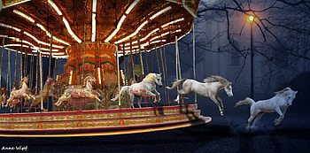 Caroussel, winter, night, horse, fantasy, iarna, cal, annewipf HD wallpaper