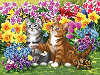Cats, pisici, painting, butterfly, pictura, flower, garden, cat, colorful, daffodils, spring HD wallpaper