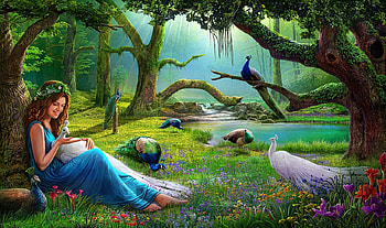 The Peacock Maiden, trees, girl, birds, flowers, forest HD wallpaper