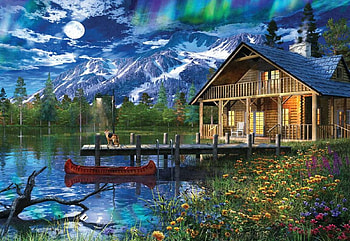 Moon Cabin Retreat, lake, house, artwork, boat, digital, clouds, sky HD wallpaper