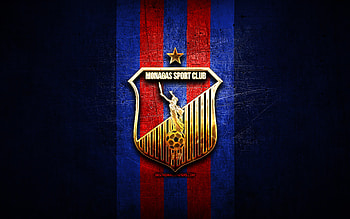 Monagas FC, golden logo, La Liga FutVe, blue metal background, football, Venezuelan football club, Monagas SC logo, soccer, Venezuelan Primera Division, Monagas SC HD wallpaper