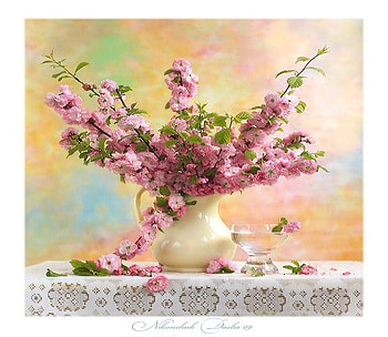 Beautiful, white, crystal, tablecloth, petals, vase, flowers, bowl HD wallpaper