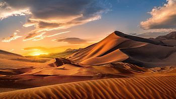 Dune Sand Desert Under White Clouds Blue Sky During Sunrise Nature HD wallpaper