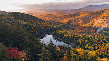 Fall colors in the Adirondacks, NY at dawn, forest, lake, hills, landscape, trees, sky, usa HD wallpaper