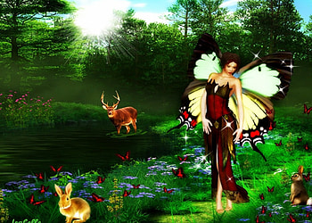 Like a Fairy Tale , Meadow, Trees, Butterflies, Nature, Fantasy, Fairy, Sunlight, Path, Flowers, Lake, Rabbits, Woods, Like a Fairy Tale, Clouds, Deer, Sky HD wallpaper