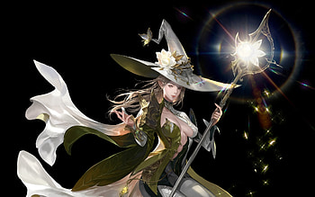 Elf Magician, sorceress, black, seol hee choi, girl, magician, elf, witch, fantasy, luminos, hat HD wallpaper