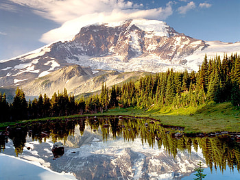 mountain, snow, trees, mountains, forest, lake HD wallpaper