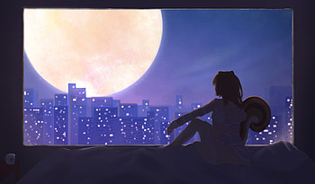 Lost In Thought Moonlight And City Views, artist, artwork, art, digital-art, cityscape, pixiv HD wallpaper