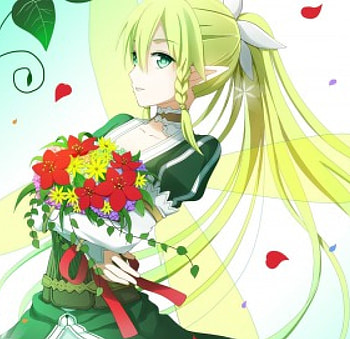 Leafa, long hair, dress, beauty, yeloow, ponytail, SAO, petals, blonde hair, white, girl, beautiful, fairy, anime girl, anime, green, red, flowers, lovely HD wallpaper