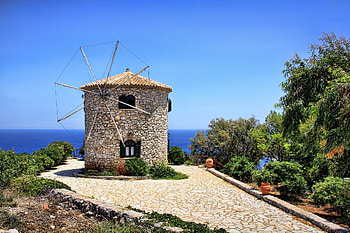 Windmill (Z a k y n t h o s _ I s l a n d), sea, island, windmill, blue, holidays, graphy, Greece, Zakynthos, landscape, Summer, green, sky, Aegean HD wallpaper